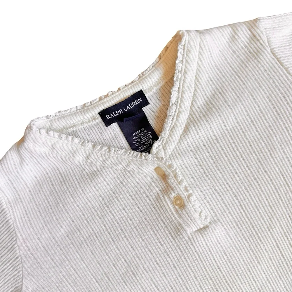 Ralph Lauren Size 6 Girls Cotton White Minimalist Lettuce Trim Henley Shirt